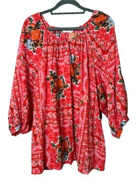 LC Lauren Conrad 1X Coral Red Floral Peasant Tunic
